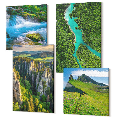 Sada 4 obrazov Zelené horské krajiny s riekou a skalami