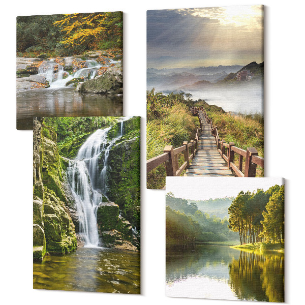 Sada 4 obrazov Vodopády, hory, cestičky v oblakoch a jesenné výhľady