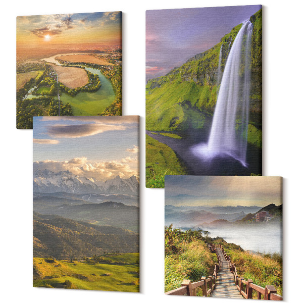 Sada obrazov na stenu kvadryptych Výhľad na horskú rieku a vodopád v prírode
