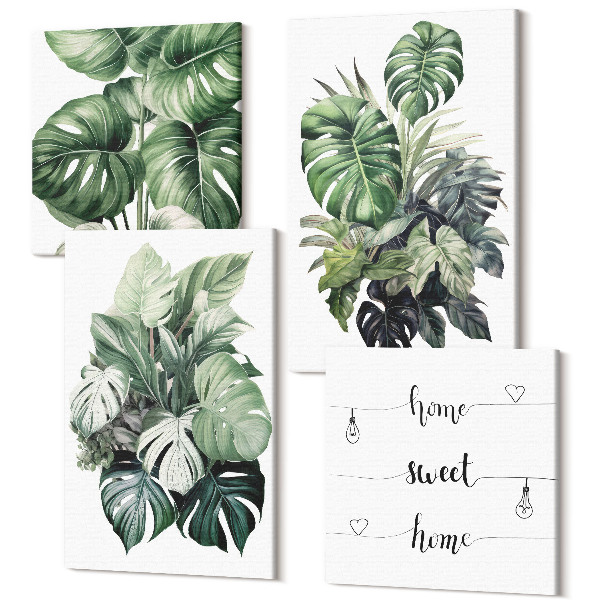 Sada 4 obrazov Akvarely zelené listy tropických rastlín