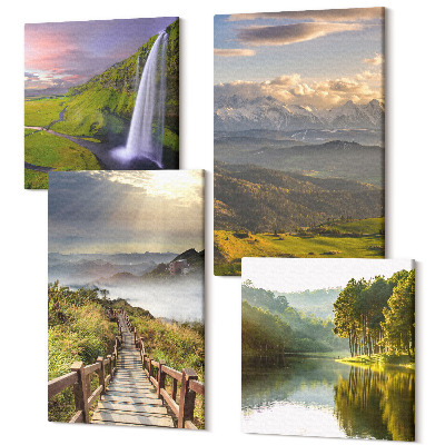 Sada obrazov kvadryptych Malebná horská krajina s vodopádom a cestičkou