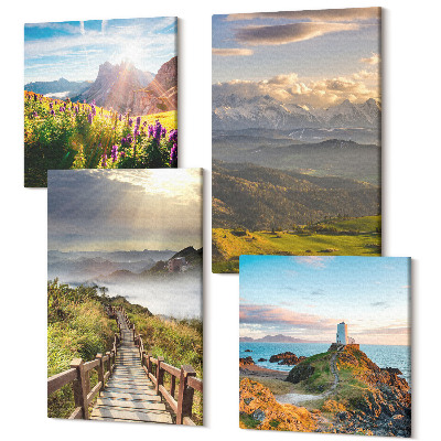 Sada obrazov na stenu kvadryptych Horské krajiny s kvetmi, oblohou a cestou