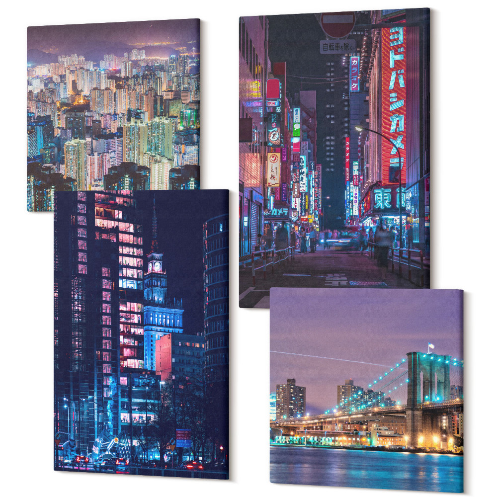 Sada 4 obrazov Nočné pohľady na mestá s neónovými svetlami