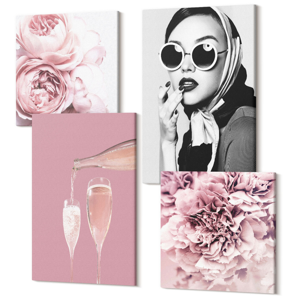 Sada obrazov kvadryptych Kvety pivonky ruže šampanské a elegantná žena