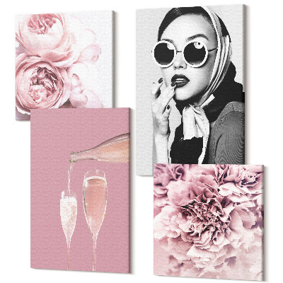 Sada obrazov kvadryptych Kvety pivonky ruže šampanské a elegantná žena