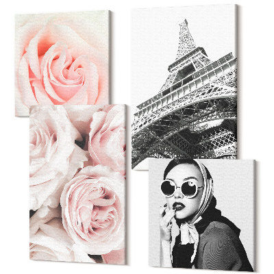 Sada obrazov na stenu kvadryptych Ružový módny portrét ženy Eiffelova veža v Paríži