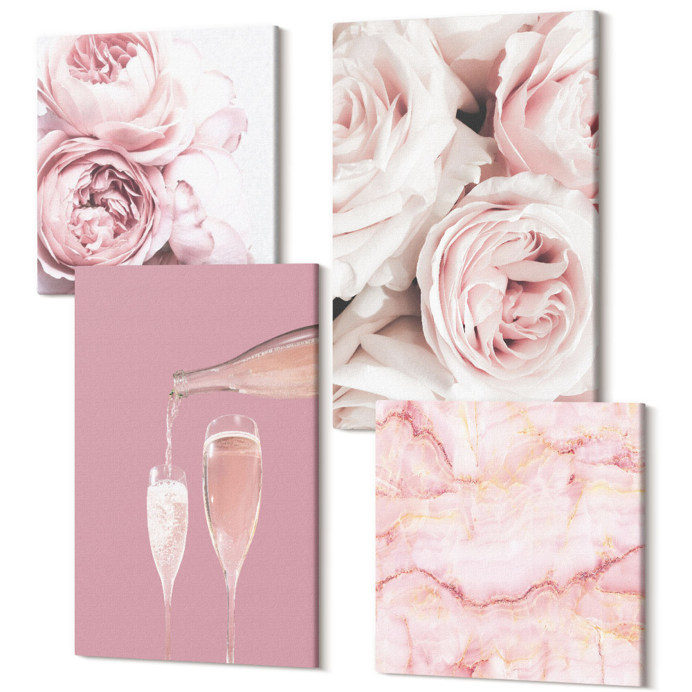 Sada 4 obrazov Šampanské ruže a pastelové mramorové pozadie