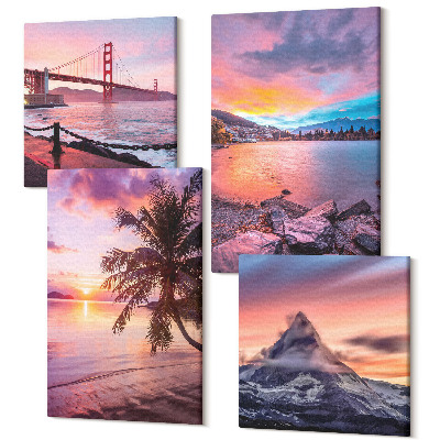 Sada obrazov kvadryptych Západy slnka nad mostom a vodnou krajinou