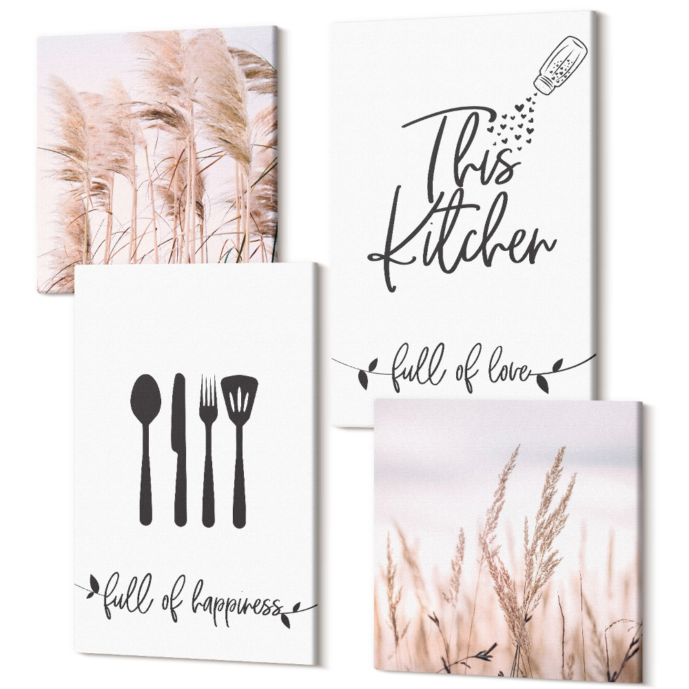 Sada 4 obrazov Kuchynské nápisy jemná boho tráva