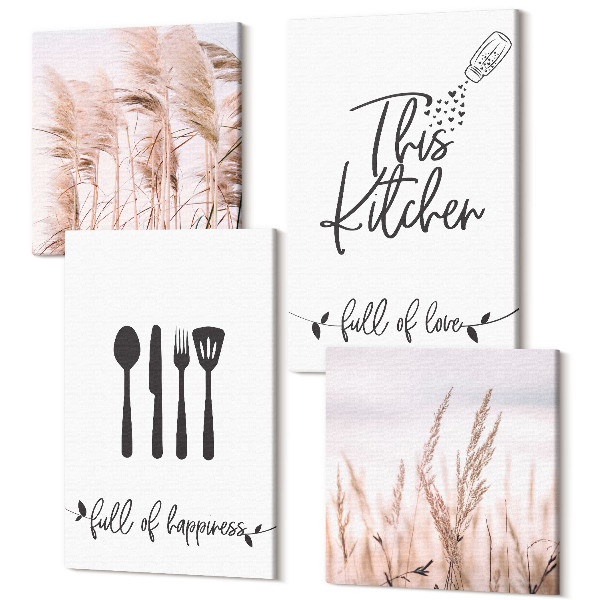 Sada 4 obrazov Kuchynské nápisy jemná boho tráva