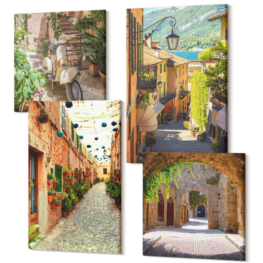 Sada obrazov kvadryptych Očarujúce uličky s rastlinami a talianskou pizzou