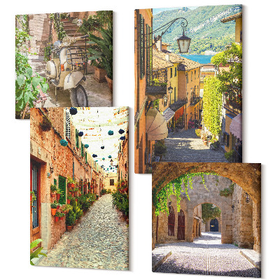 Sada obrazov kvadryptych Očarujúce uličky s rastlinami a talianskou pizzou