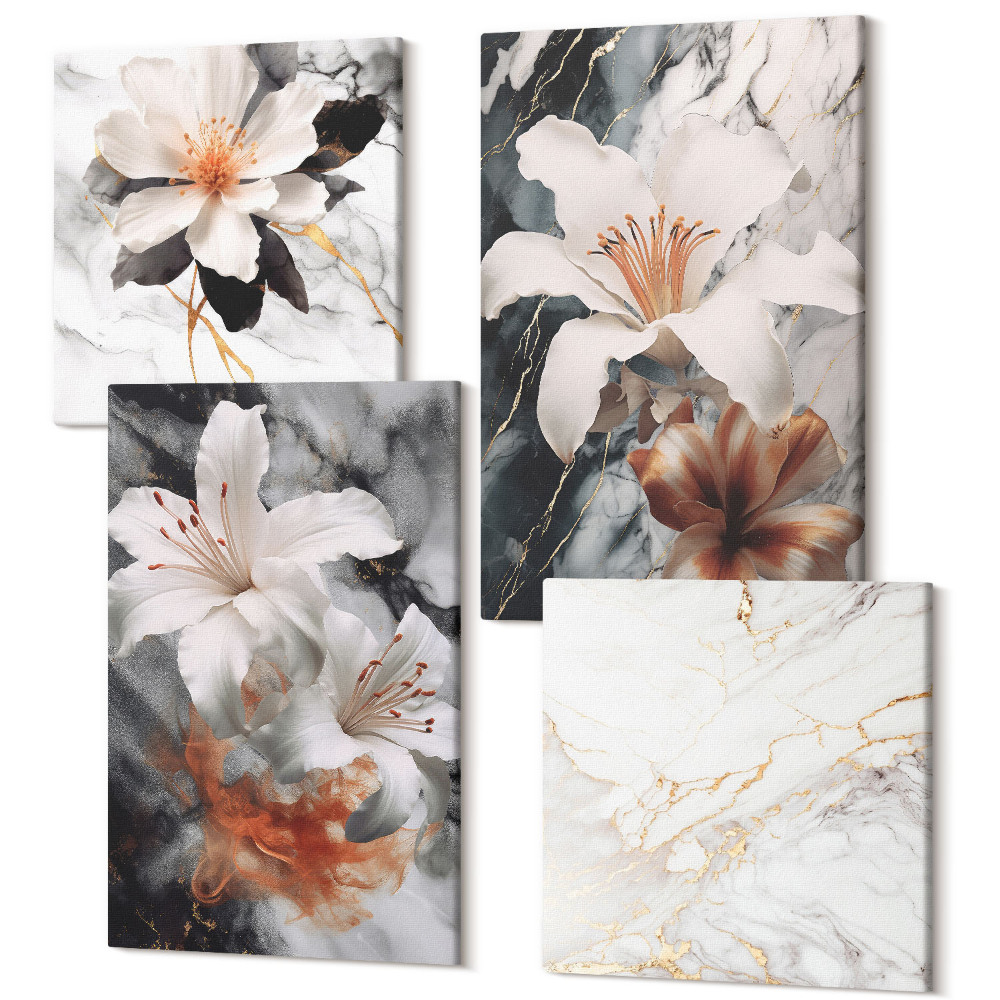 Sada obrazov na stenu kvadryptych Kvety na mramorovom podklade v odtieňoch bielej a čiernej