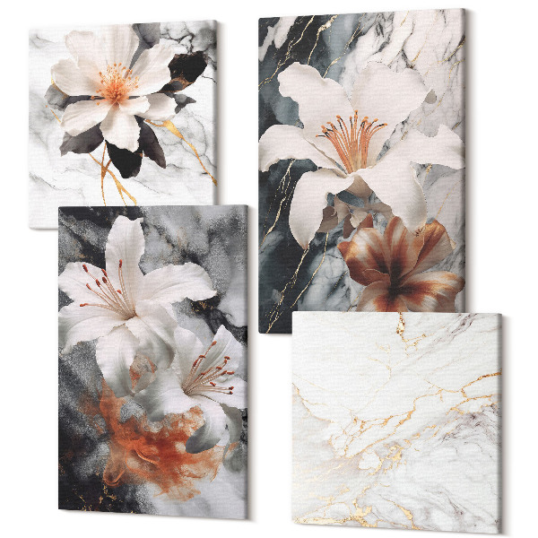 Sada obrazov na stenu kvadryptych Kvety na mramorovom podklade v odtieňoch bielej a čiernej