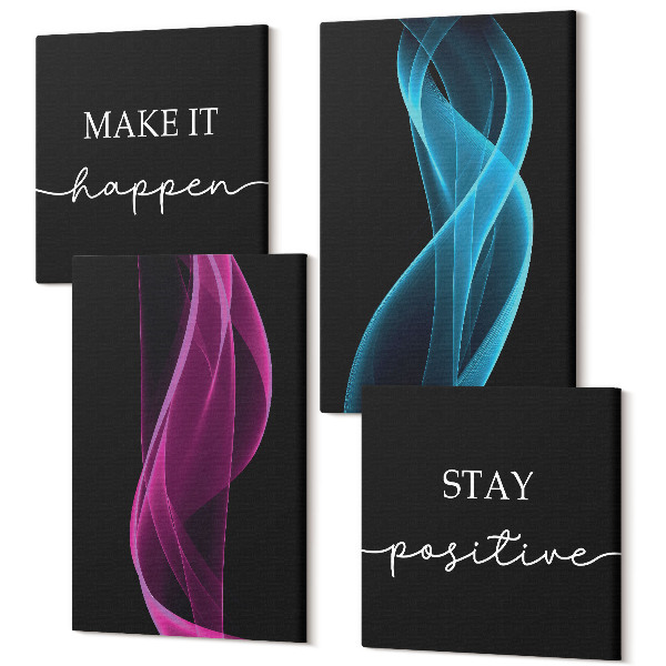 Sada 4 obrazov Vlny farebných neónových čiar na tmavom pozadí