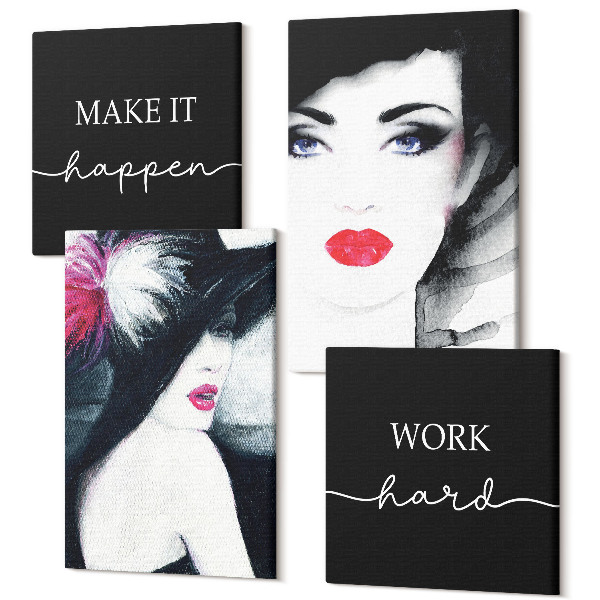 Sada 4 obrazov Maľované portréty žien s výraznými perami