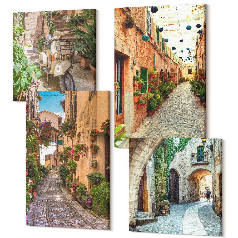 Sada obrazov kvadryptych Očarujúce uličky s kvetmi v talianskej atmosfére