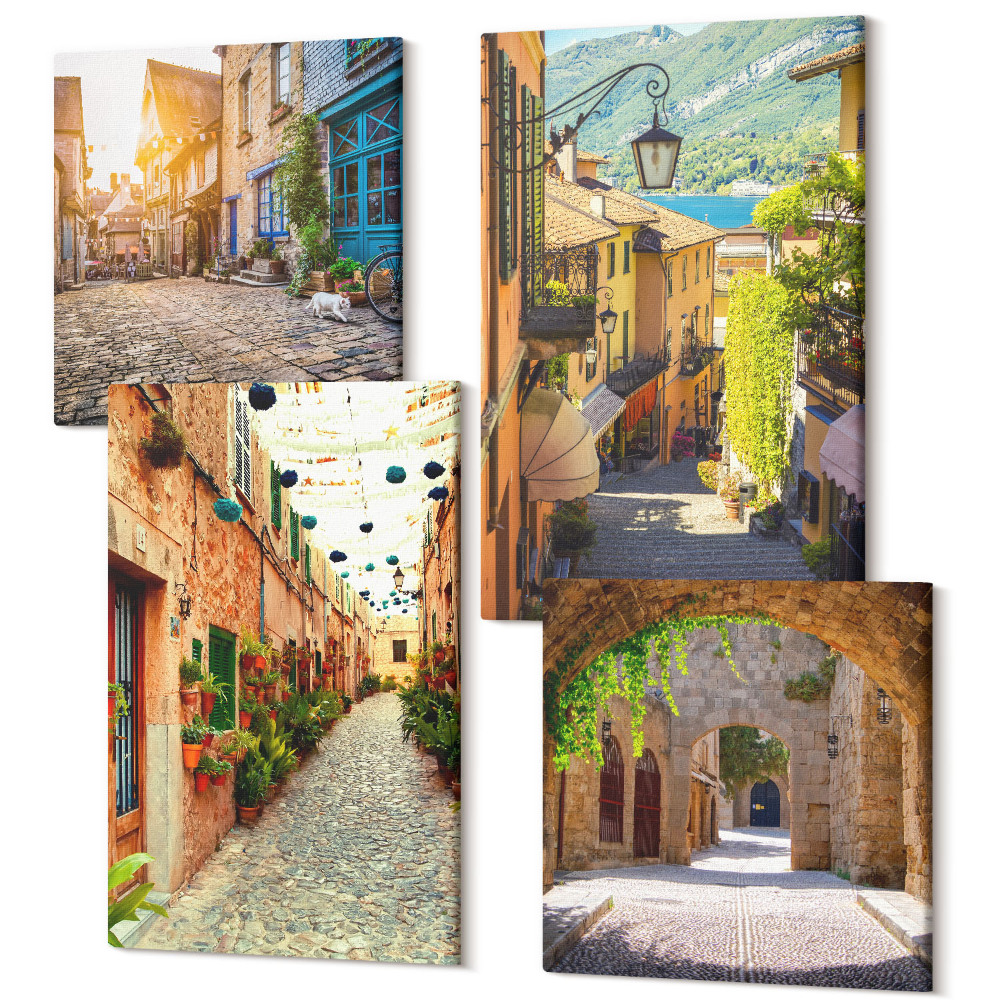 Sada 4 obrazov Očarujúce uličky s kamennými budovami a bránami