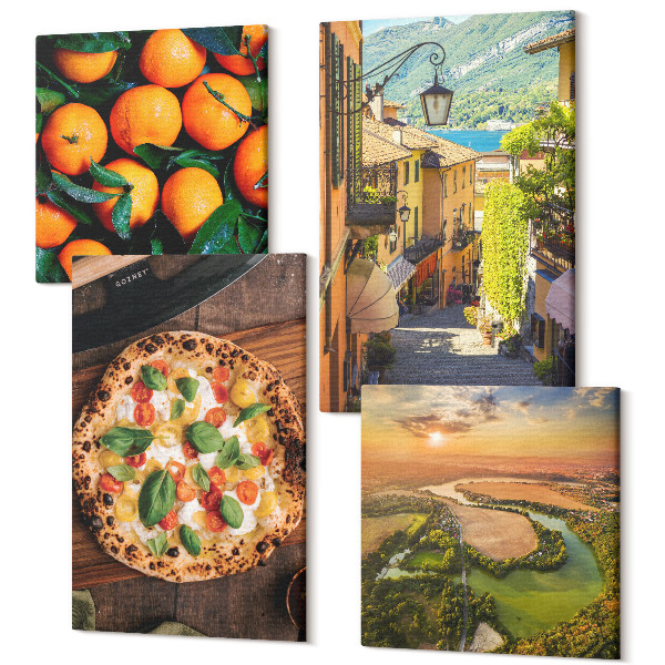 Sada obrazov kvadryptych Talianska krajina s riekou, kopcami a mestskou ulicou