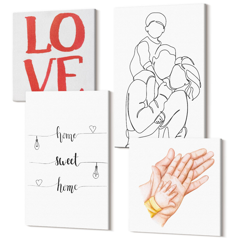 Sada obrazov na stenu kvadryptych Rodinné ilustrácie a domáce nápisy o živote a láske