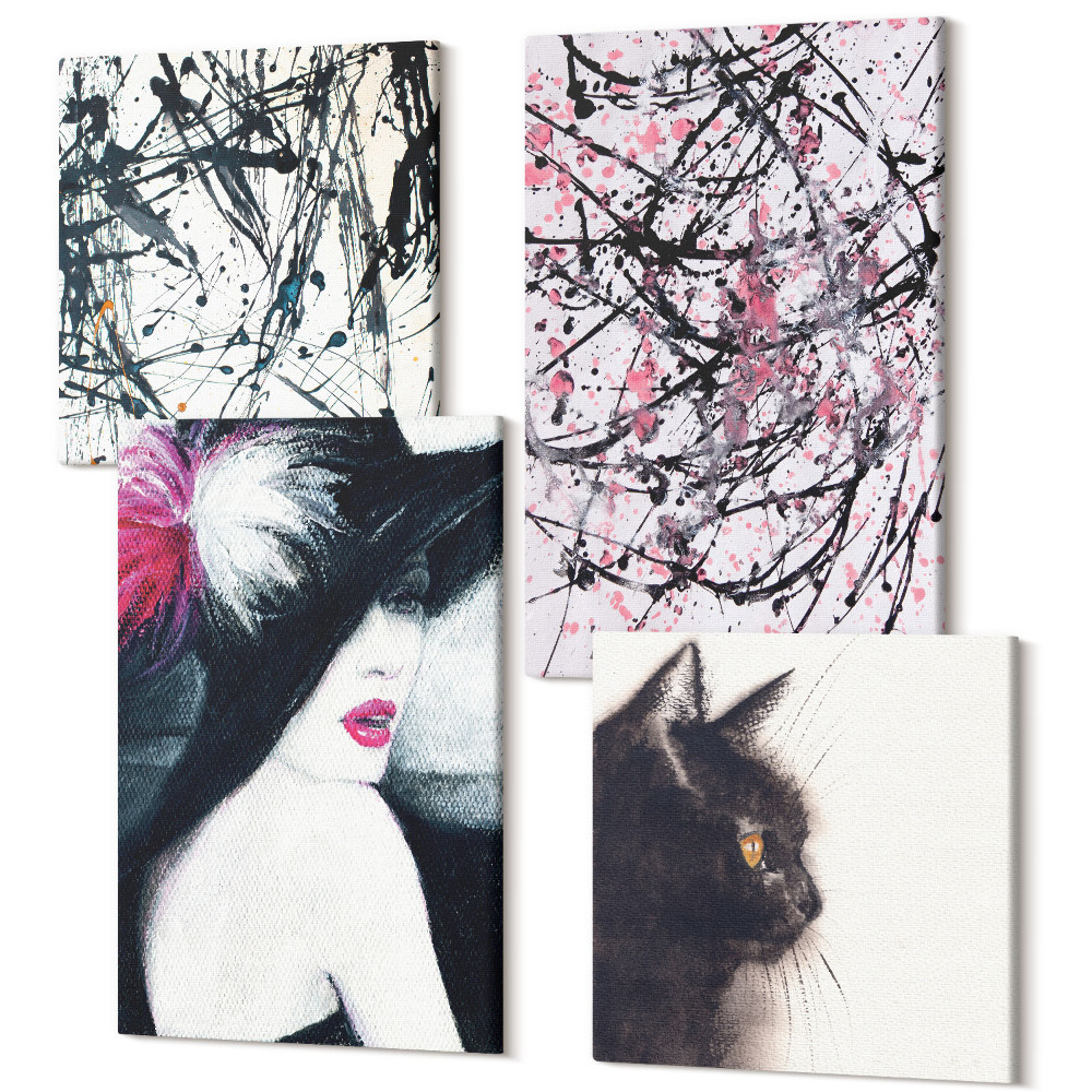 Sada obrazov na stenu kvadryptych Abstraktné vzory farieb žena v klobúku mačka