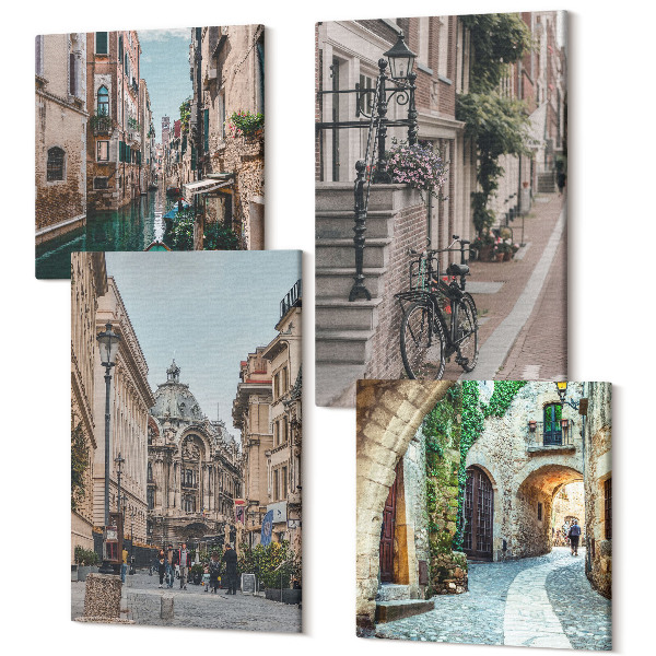 Sada obrazov kvadryptych Ulice benátskeho mesta s architektúrou a vodou