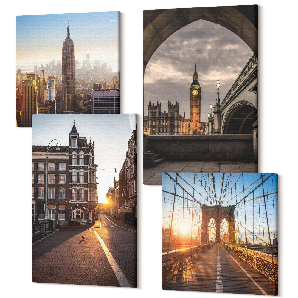 Sada obrazov na stenu kvadryptych Sada obrázkov s mestom, jedlom a výhľadom na Londýn