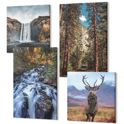 Sada 4 obrazov Vodopád v lese, hory a jelene v prírode