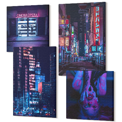 Sada obrazov na stenu kvadryptych Nočné mesto s neónovými svetlami a vstupom do kina