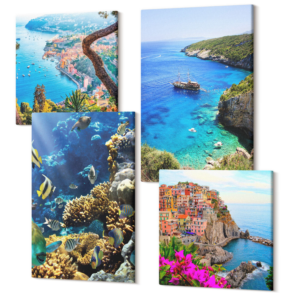 Sada obrazov kvadryptych Výhľad na more s farebnými domami a koralovým útesom