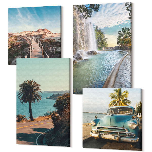 Sada 4 obrazov Dovolenková krajina s palmami a vodopádom