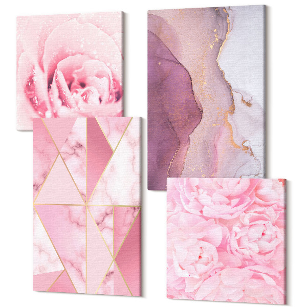 Sada 4 obrazov Ružové kvety pivonky geometrické vzory