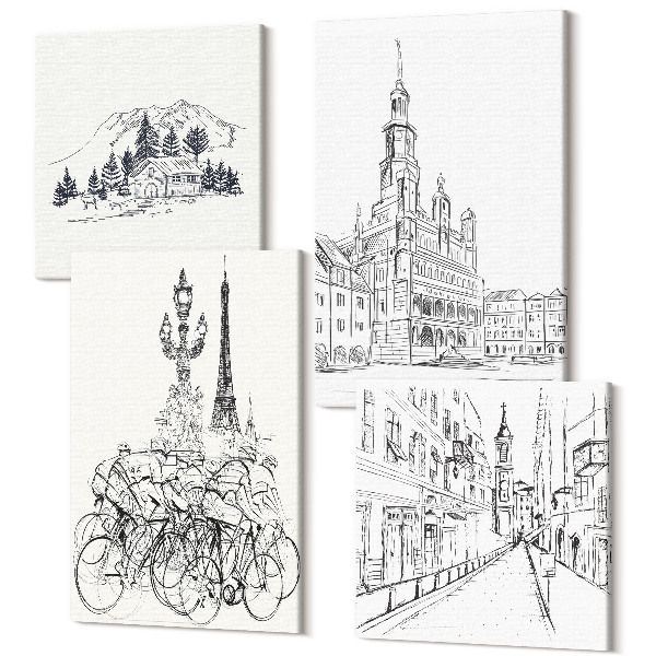 Sada obrazov kvadryptych Jednoduché kresby pohľadov na mesto