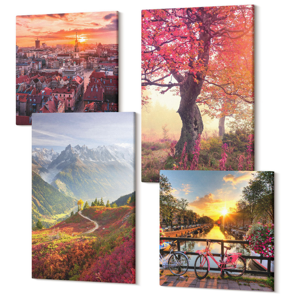 Sada obrazov na stenu kvadryptych Horské krajiny s bicyklom a jesenným stromom