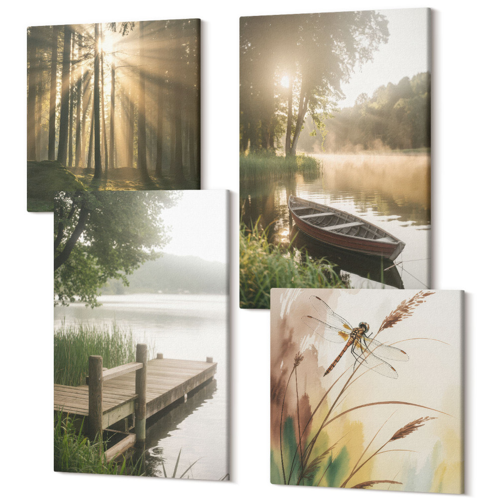 Sada obrazov kvadryptych Pokojné jazero, les a loď v rannej hmle