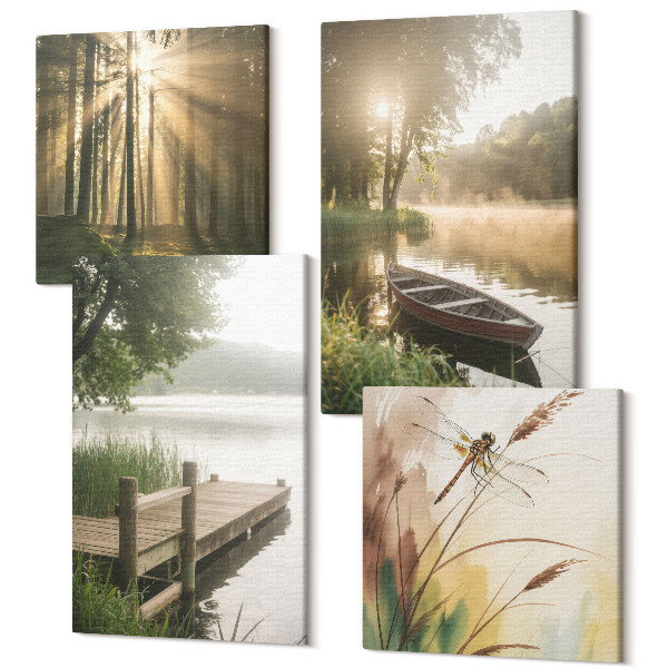 Sada obrazov kvadryptych Pokojné jazero, les a loď v rannej hmle
