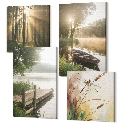 Sada obrazov kvadryptych Pokojné jazero, les a loď v rannej hmle