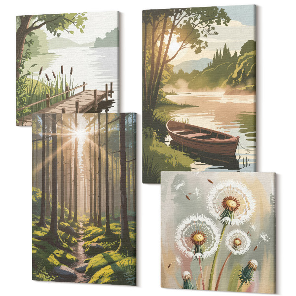 Sada obrazov na stenu kvadryptych Pokojná krajina lesa a jazera s loďou