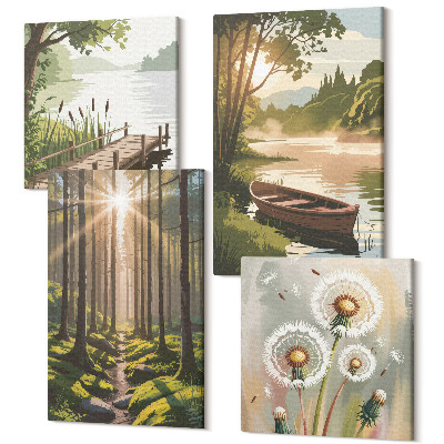 Sada obrazov na stenu kvadryptych Pokojná krajina lesa a jazera s loďou
