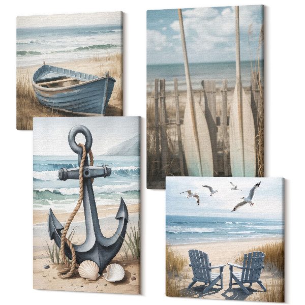 Sada 4 obrazov Lodná kotva a veslá na pláži s morom