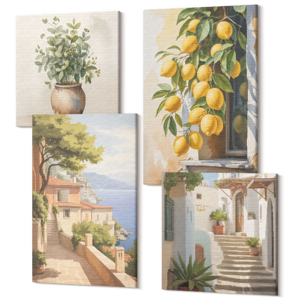 Sada obrazov na stenu kvadryptych Kvety vo váze s výhľadom na more a citróny