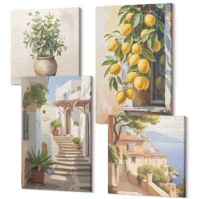 Sada obrazov kvadryptych Rastliny v kvetináčoch a citróny na pozadí ulice