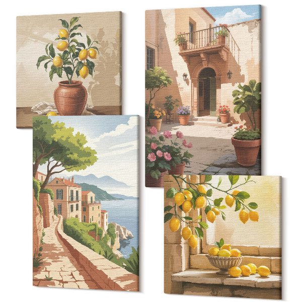 Sada obrazov kvadryptych Citrusové plody v kuchyni s výhľadom na more a čarovné mestečko