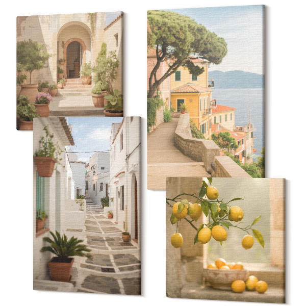 Sada obrazov na stenu kvadryptych Pohľad na citrusové stromy z okna a prímorskú architektúru