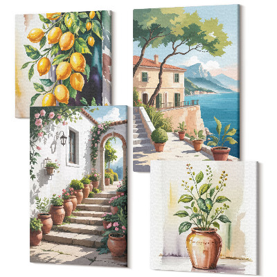 Sada 4 obrazov Citróny na pozadí kvetov a výhľadom na more