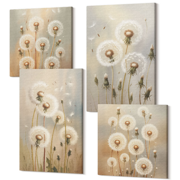 Sada obrazov kvadryptych Biele púpavy na pozadí jasných farieb