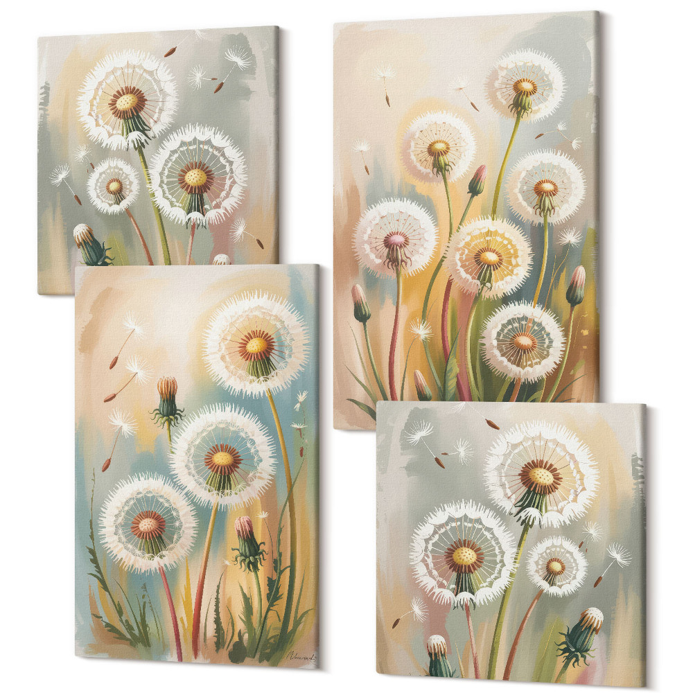 Sada 4 obrazov Kvety púpavy na pozadí pastelových tráv