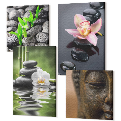 Sada obrazov na stenu kvadryptych Pokojná zenová kompozícia kameňov a kvetov, Budha