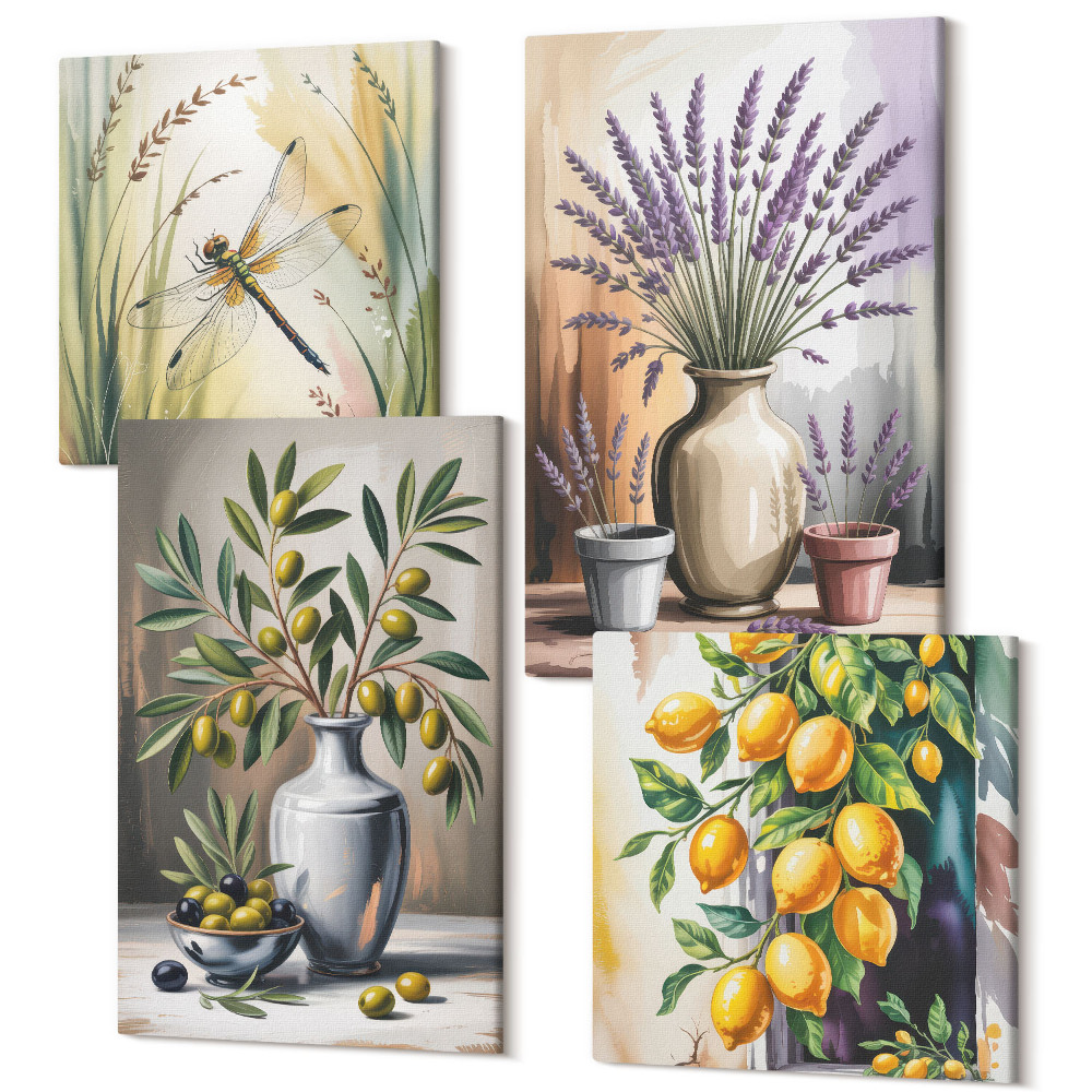 Sada obrazov kvadryptych Kvety a olivy vo vázach citrónová príroda
