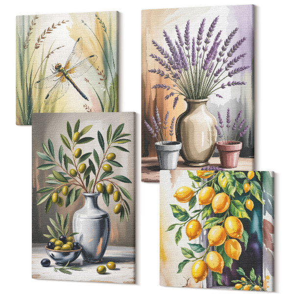 Sada obrazov kvadryptych Kvety a olivy vo vázach citrónová príroda